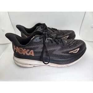 Hoka One One Clifton 9 Shoes Women's 7.5 B Black Gold Running Athletic Sneakers